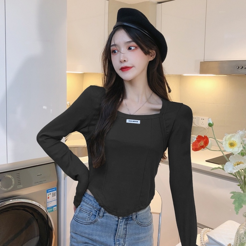 ZHELIHANGFEI Áo Thun Tay Dài Cổ Vuông Form Ôm Kiểu Dáng Ngọt Ngào Dễ Phối Đồ