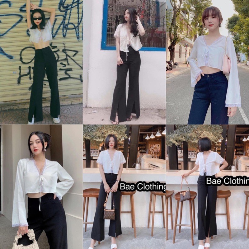 ÁO NONE TOP CROPTOP VÀ QUẦN JACKI PANTS- áo chất lụa ko nhăn phối ren , quần cotton lạnh cao cấp dày dặn đứng from