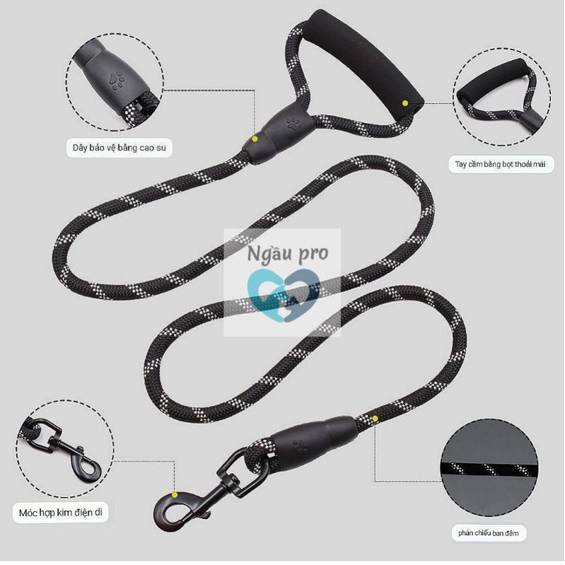 Dây dắt chó phản quang cỡ dài 150cm , Dây xích cho chó thú cưng đi dạo hình tròn kiểu tết thừng ngaupet