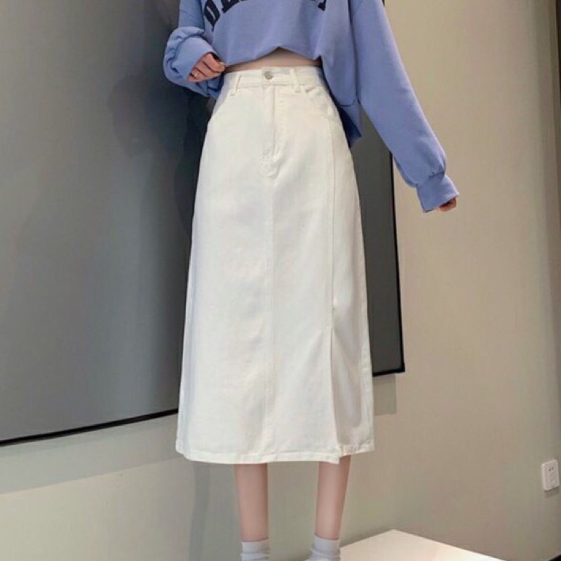 Chân Váy Jeans Dài Cạp Cao Xẻ Gấu Phong Cách Ulzzang