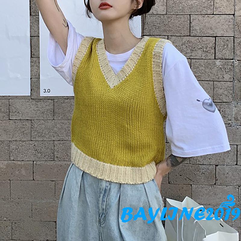Áo dệt kim sát nách cổ chữ V màu sắc độc đáo thời trang mùa thu quyến rũ cho nữ