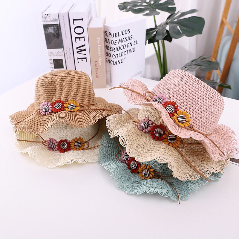 Set mũ cói vè túi hoa cúc xinh xắn cho bé(3-6 tuổi)