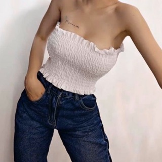 Áo ống cúp ngực voan nhún - hình thật chụp sàn