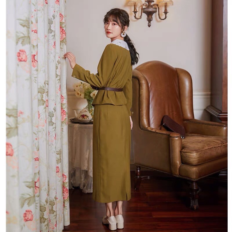 Set vest chân váy classic cao cấp, set áo vest chân váy retro cổ điển