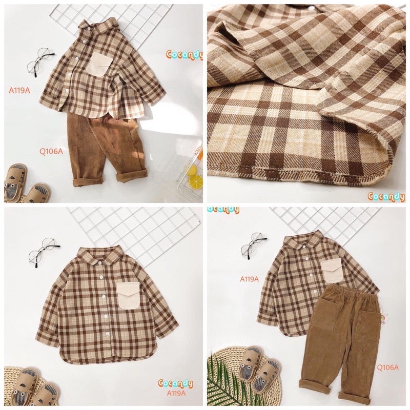 Áo sơ mi kẻ caro nâu phối túi be size 6-12m