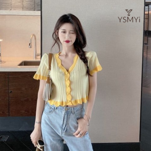 Áo cardigan Ngắn Tay Cổ Chữ v Thiết Kế Mới Thời Trang Mùa Hè Dành Cho Nữ