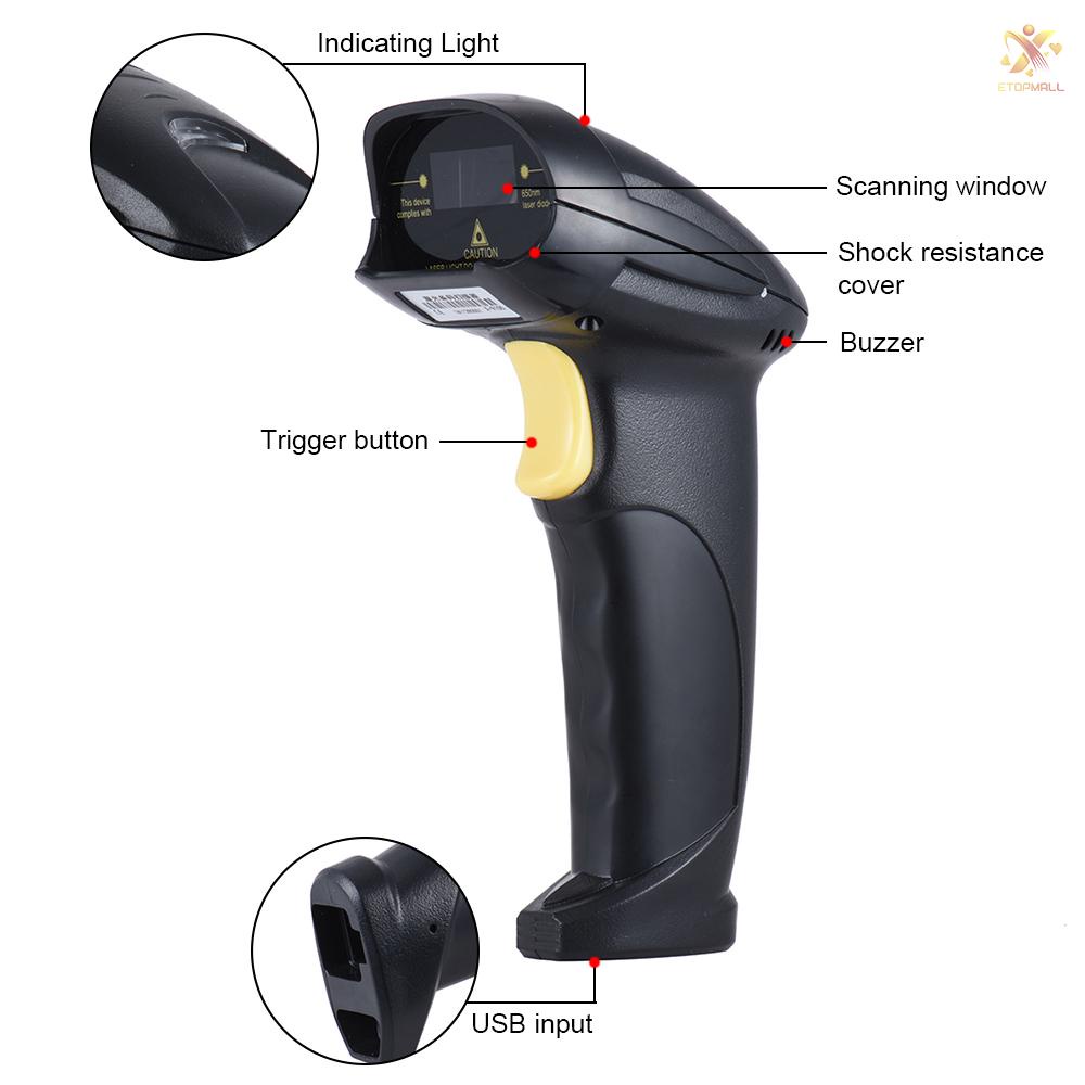 ET Aibecy Wired Automatic Handheld Barcode Scanner Reader USB2.0 Wired for Supermarket Library Express Company Retail Store Warehouse Black