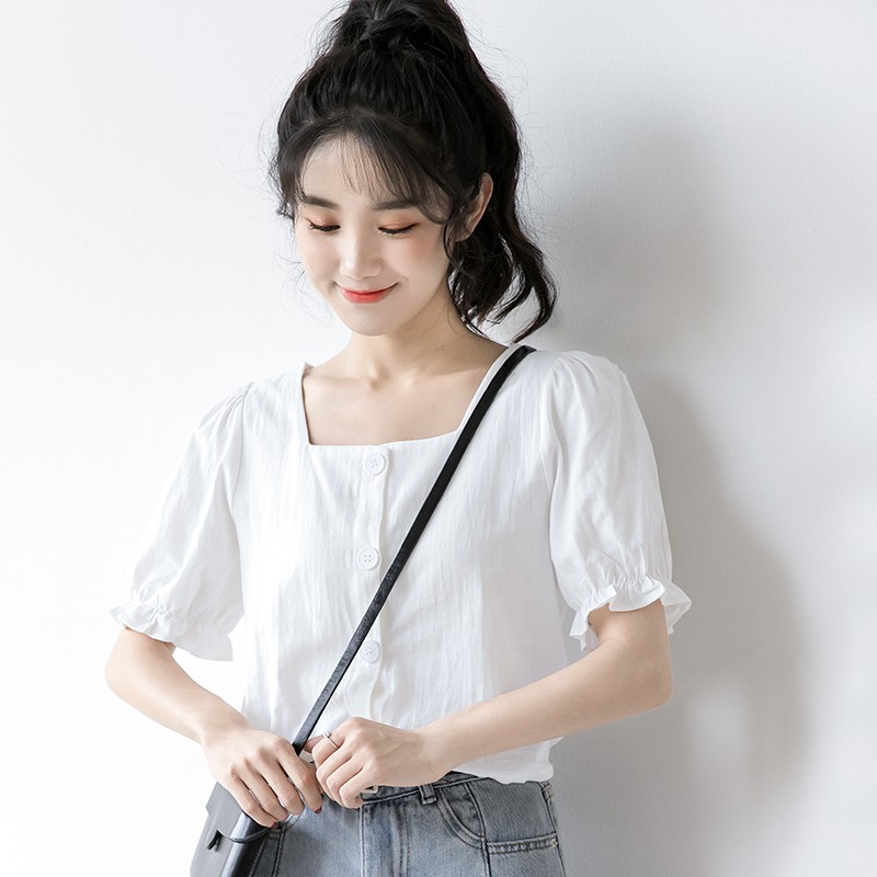 Áo sơ mi cổ vuông chất đũi mát không nhàu