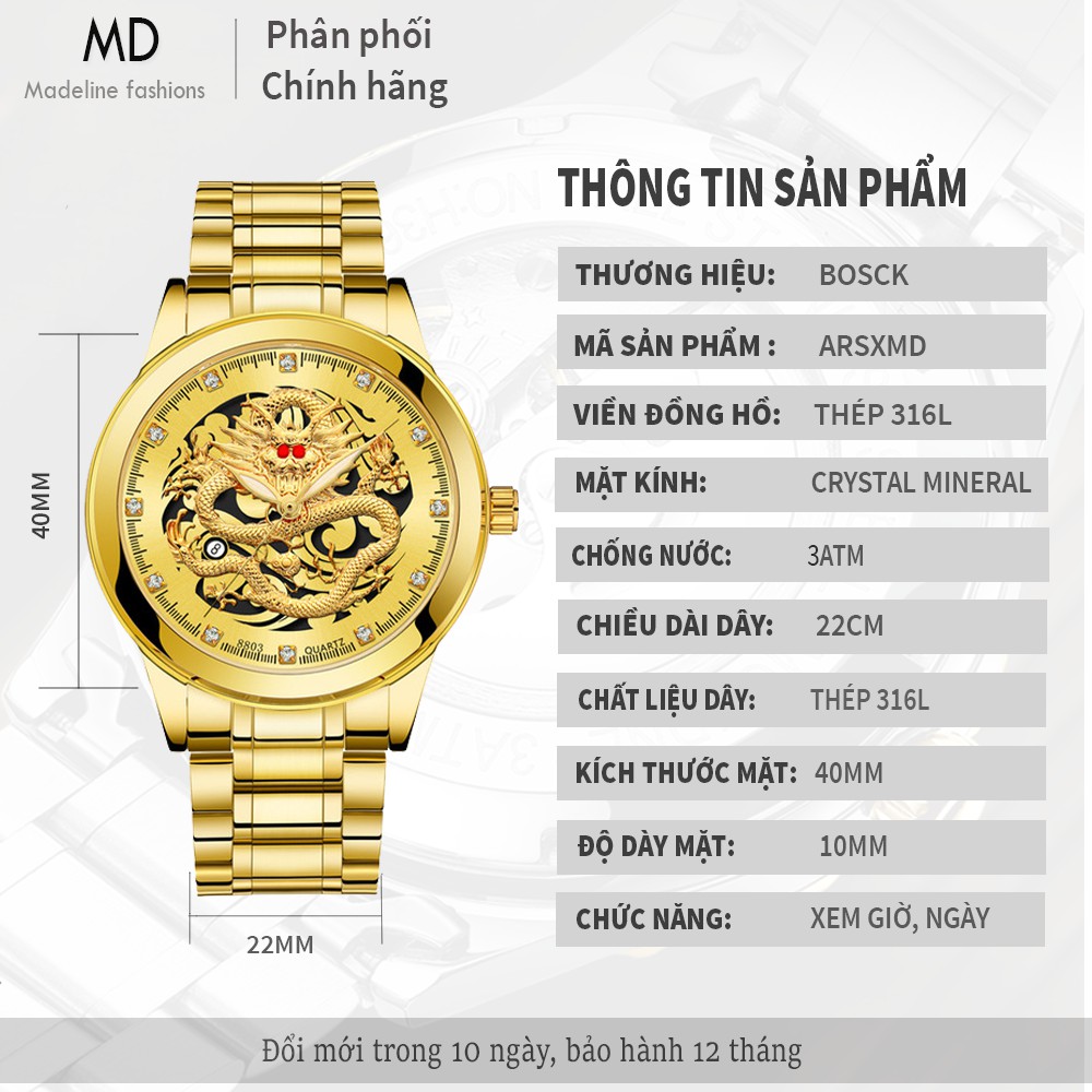 Đồng hồ nam BOSCK R01 mặt rồng quyền quý, kim dạ quang | BigBuy360 - bigbuy360.vn