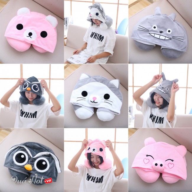 Gối Kê Cổ Chữ U Có Mũ Ngộ Nghĩnh Cute