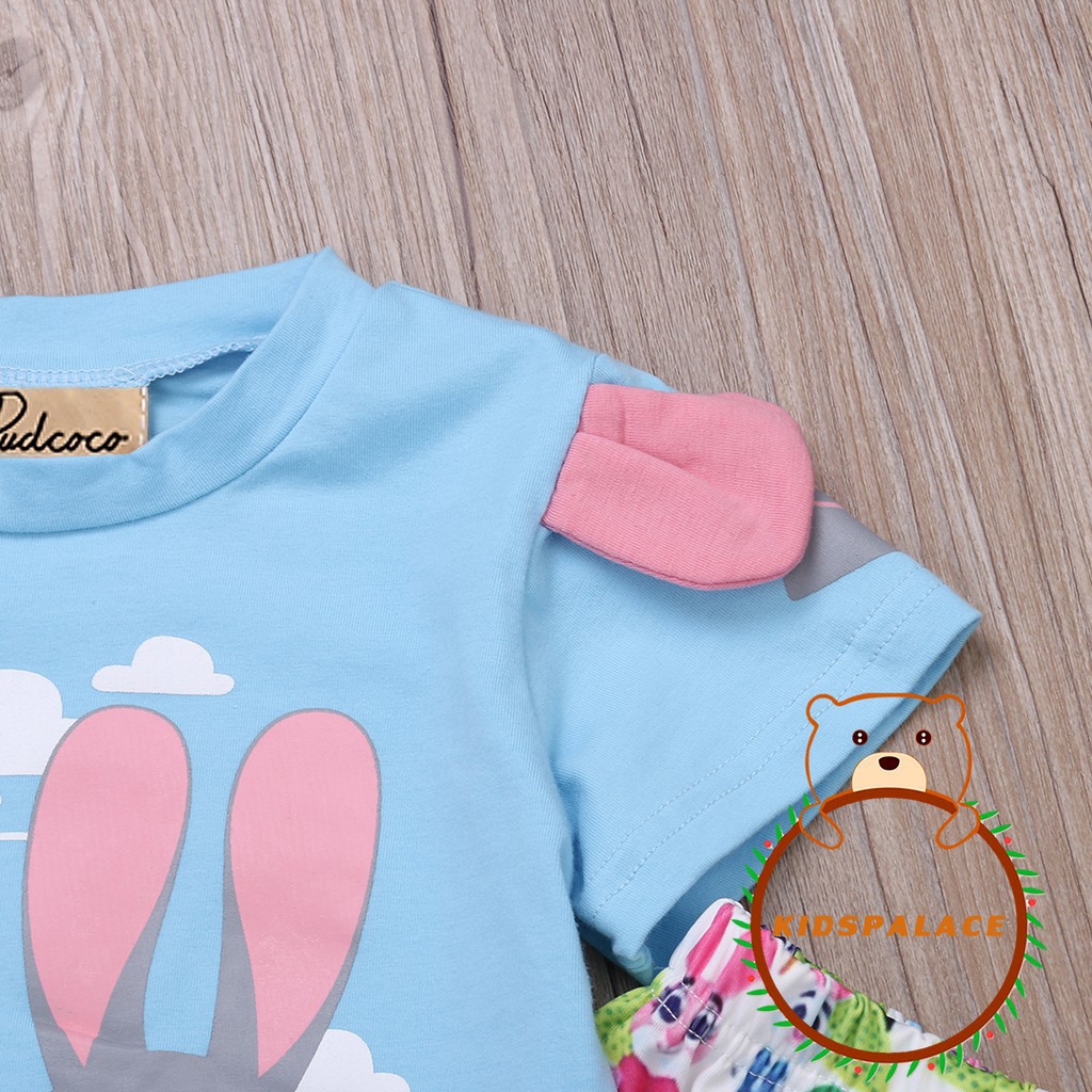 Set áo thun ngắn tay cổ tròn in hình chú thỏ kèm chữ + quần dài in hình thỏ đáng yêu cho bé gái