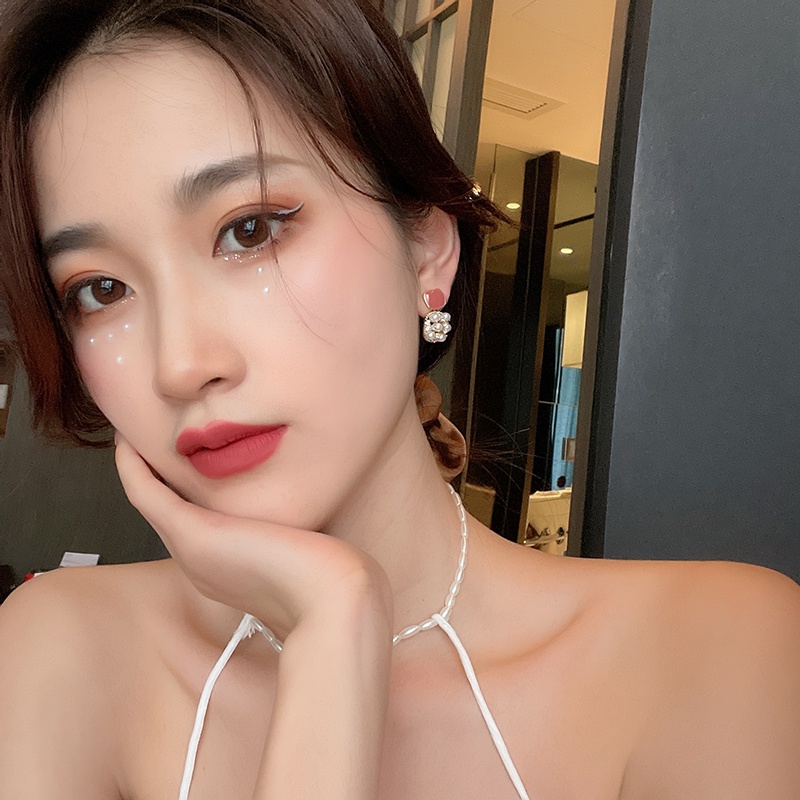Bông Tai Mạ Bạc 925 Hình Vuông Đính Ngọc Trai Đơn Giản Phong Cách Hàn Quốc