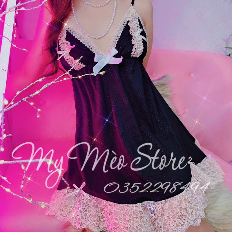 Đầm lụa đen phối ren kèm quần | BigBuy360 - bigbuy360.vn