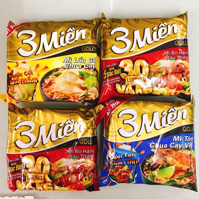 THÙNG 30 GÓI MÌ 3 MIỀN GOLD LẨU GÀ CHUA CAY - BÒ HẦM RAU THƠM - TÔM CHUA CAY VIỆT