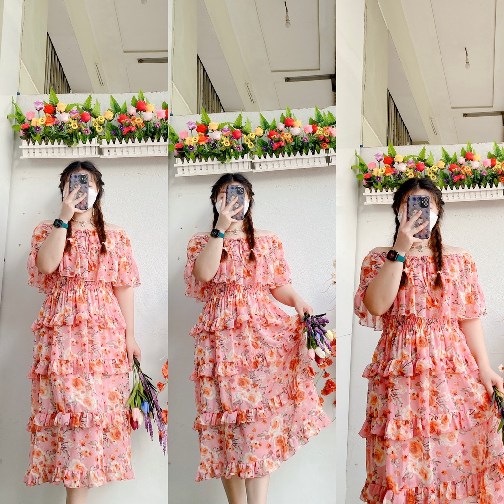 Đầm voan maxi trễ vai Bigsize 50-70kg. Hình thật Bụ Bẫm shop