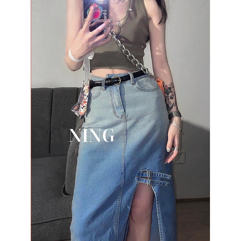 Chân Váy Denim Chữ a Lưng Cao Xẻ Tà Màu Sắc Gradient Phong Cách Hàn Quốc Thời Trang Mùa Hè Năm 2021 Dành Cho Nữ