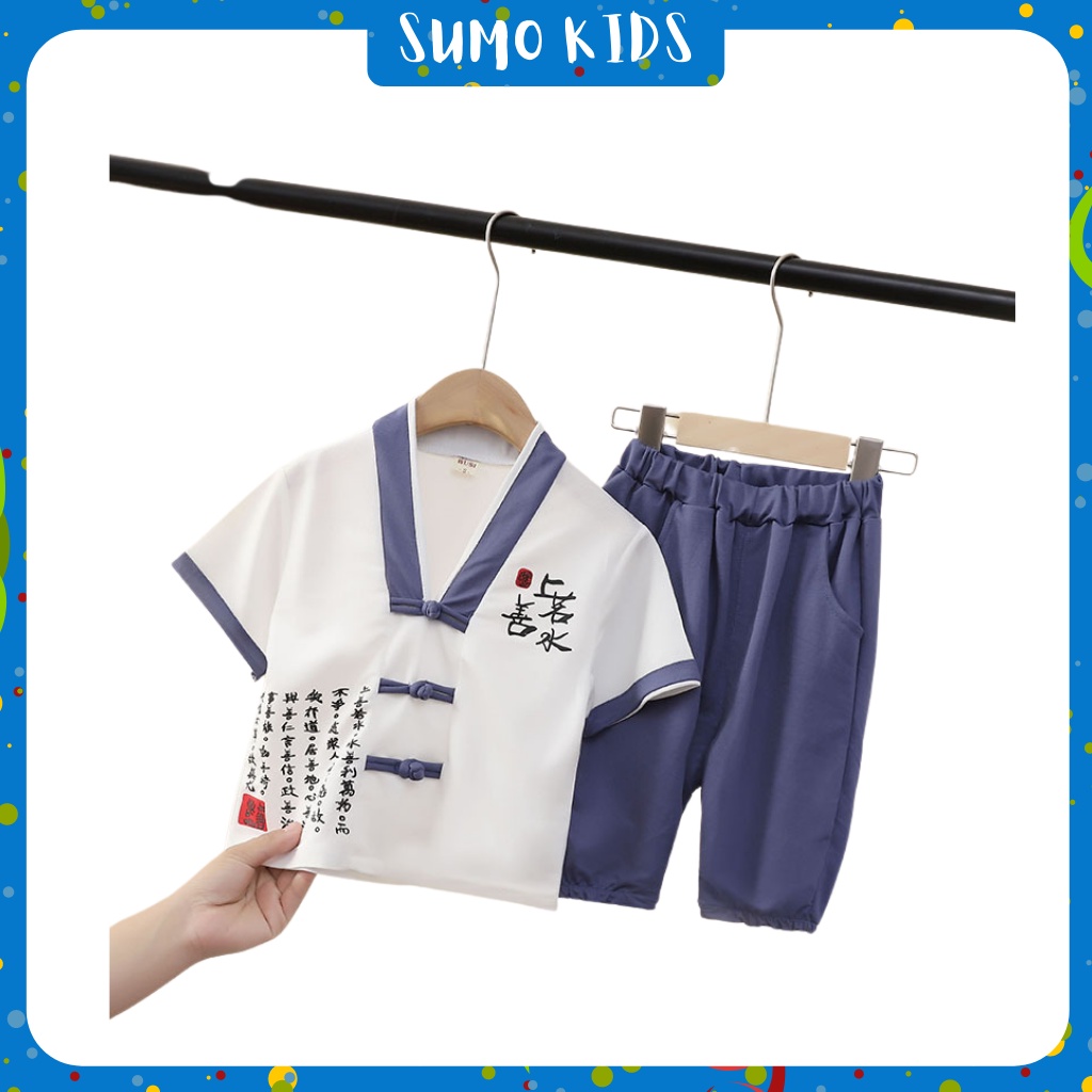 Bộ Quần Bé Trai Áo Cộc Tay Cổ Tàu Quần Lửng Chất Cotton Đũi Cao Cấp Cực Mát Cho Bé Từ 7-29kg - SUMO KIDS
