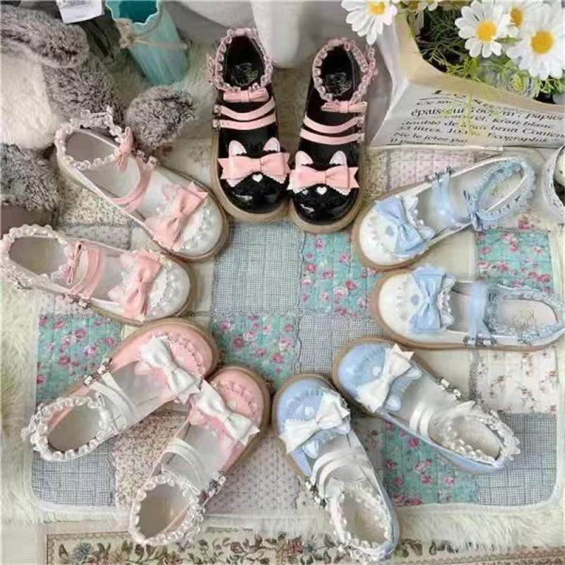 Giày Búp Bê Da Mũi Tròn Đế Bằng Phong Cách Lolita Nhật Bản