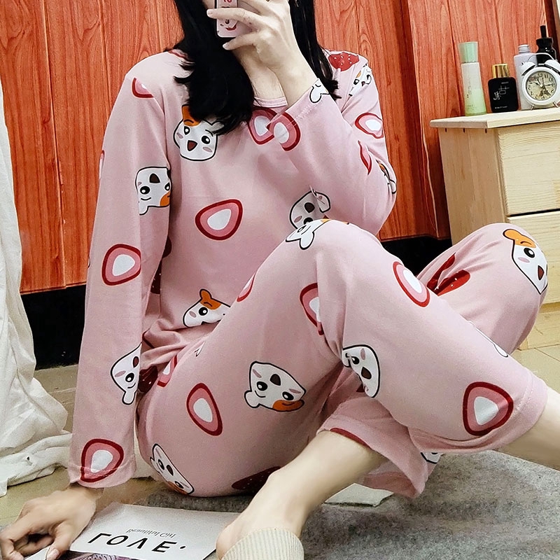 xiaohan korea Spring and Autumn loose nightwear round neck long sleeve sleepwear set cute print women Large size baju tidur | BigBuy360 - bigbuy360.vn