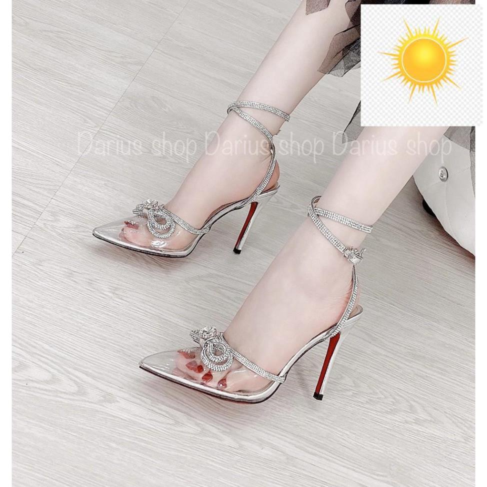 Giày cao gót bít mũi đính nơ đá quai mảnh phối dây đan chéo đính đá 9cm - MI1