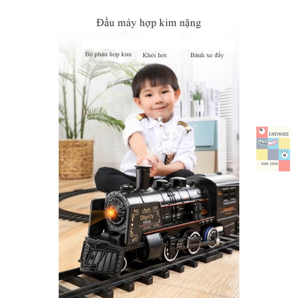 Đồ chơi tàu hỏa, mô hình tàu hoả cổ điển EASYKIDS chạy trên đường ray, nhả hơi nước, có đèn và âm thanh