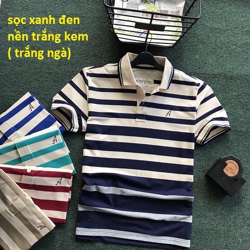 Áo thun nam sọc xanh đen nền trắng kem