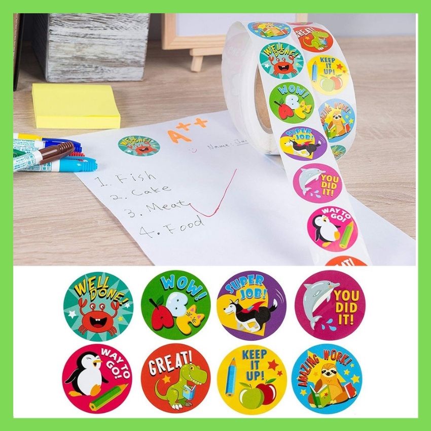 Cuộn 500 Sticker Nhãn Dán Khích Lệ Khen Thường Học Tập Cho Bé Yêu, Nhiều Họa Tiết Kèm Slogan Đáng Yêu Sitcker Nhãn Dán