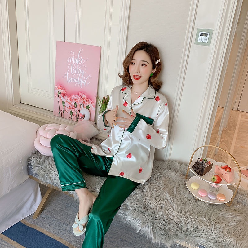 Set đồ ngủ dài tay vải lụa lạnh mỏng nhẹ in họa tiết thời trang xuân thu dễ thương cho nữ