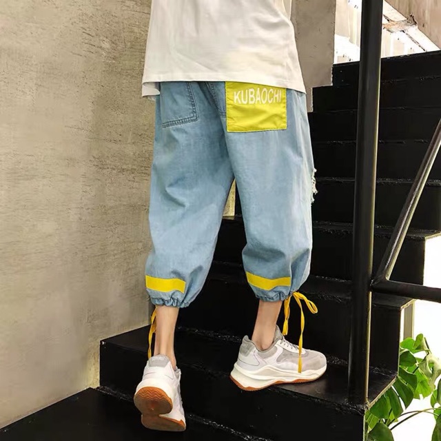 Quần jeans baggy xanh phối dây nam nữ unisex form rộng phong cách ulzzang Hàn Quốc
