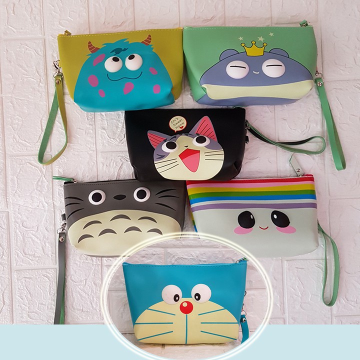 HCM - Túi đựng mỹ phẩm vải chống thấm họa tiết 3D nổi độc đáo Totoro mèo Chii Doremon