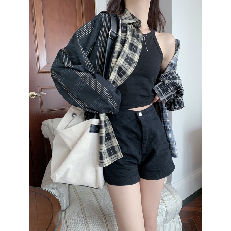 Áo Sơ Mi Nữ Tay Dài Dáng Rộng Họa Tiết Caro Phong Cách Retro