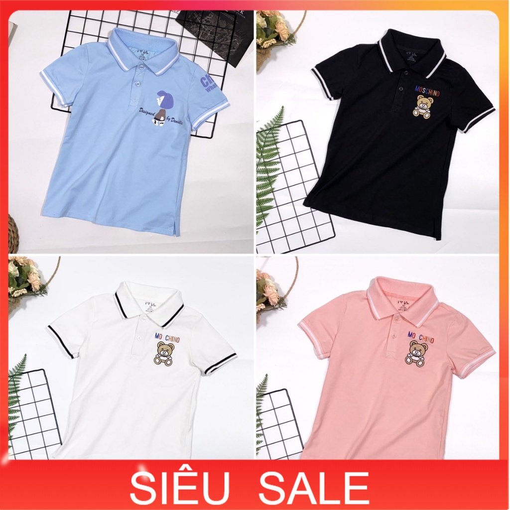 Áo cổ bẻ cho bé gái 8-14 tuổi cộc tay thêu Gấu, Áo Polo trẻ em vải da cá cao cấp thoáng mát khỏe khoắn thời trang