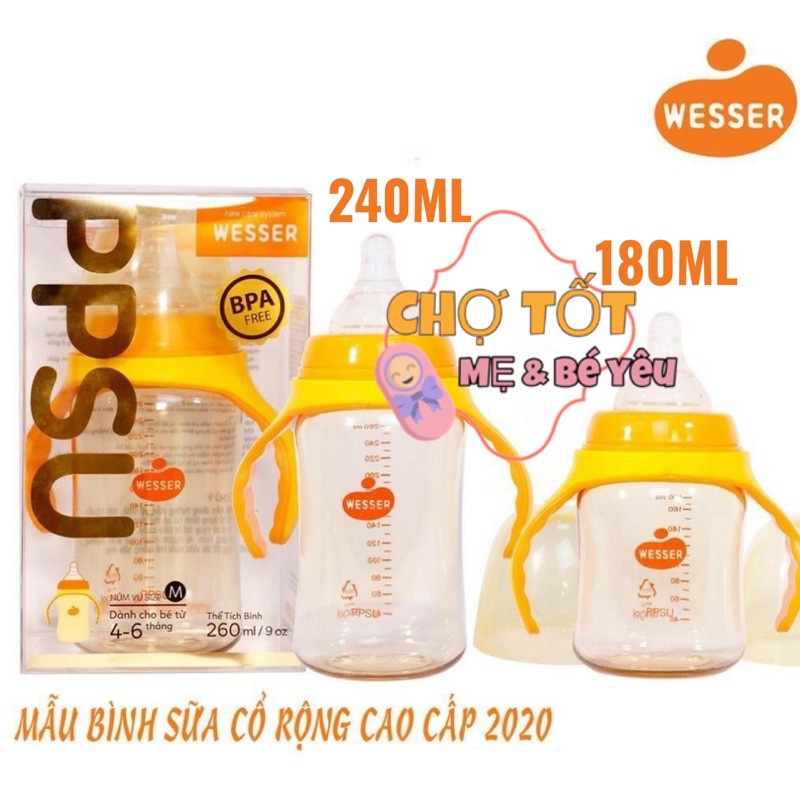 BÌNH SỮA , NÚM TI WESSER CỔ RỘNG 180ML/260ML NHỰA PP BPA FREE/PPSU CAO CẤP