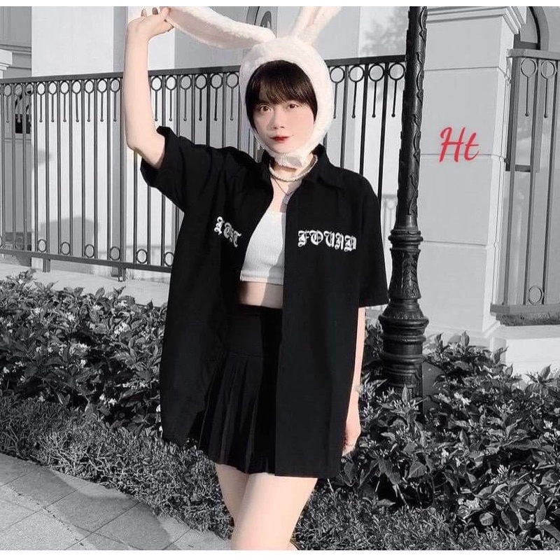 áo sơ mi đen tay lỡ nam nữ in chữ cổ điển ht | BigBuy360 - bigbuy360.vn