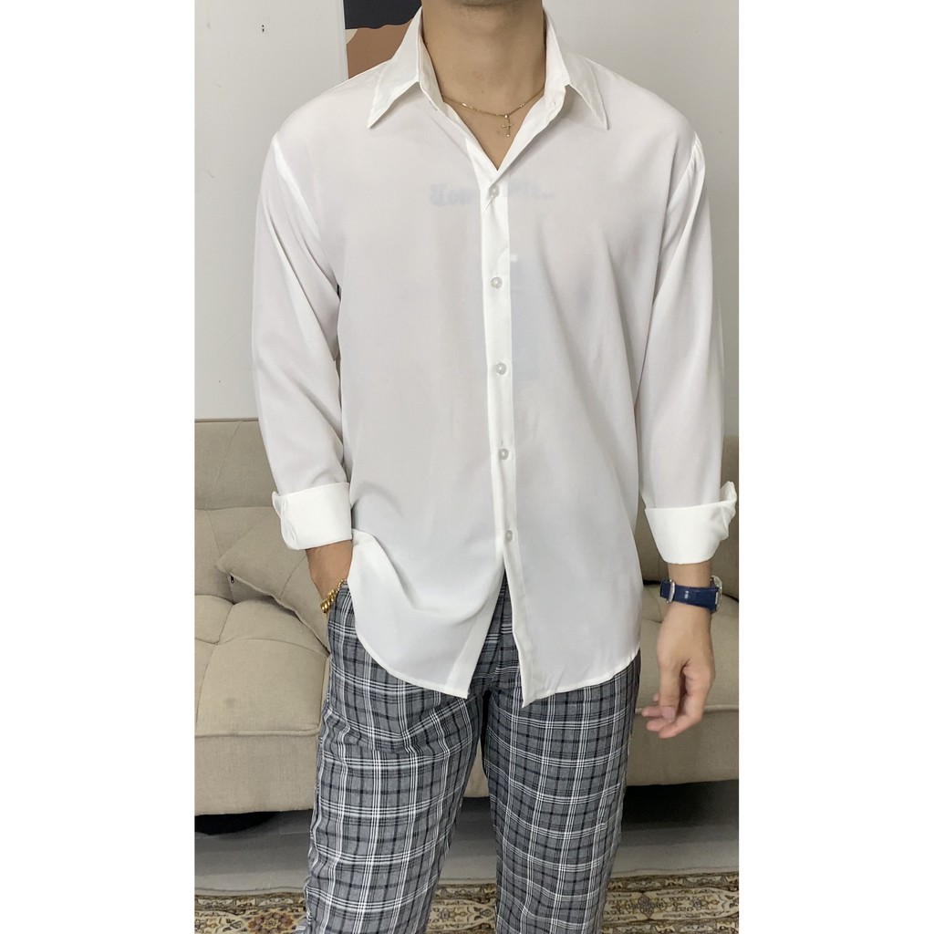 Áo sơ mi nam nữ dài tay unisex basic trơn màu trắng và đen Chất cotton lụa mịn mát form rộng suông