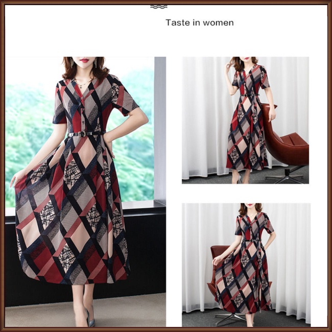 Đầm Dài Cổ Chữ V Tay Ngắn Họa Tiết Kẻ Ô Kèm Thắt Lưng Phong Cách Cổ Điển Dành Cho Nữ