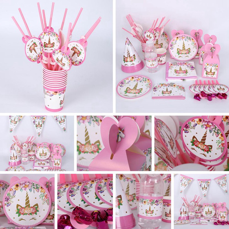 Unicorn Kids Happy Birthday Paper Cup Plate Hat Box Banner Flag decoration