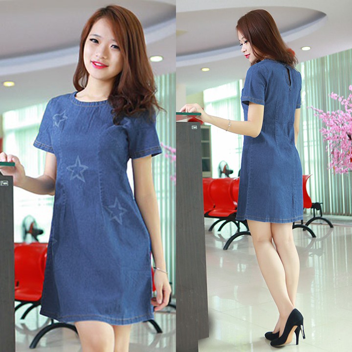 Đầm Jean Nữ Cổ Tròn Wash Ngôi Sao Duyên Dáng
