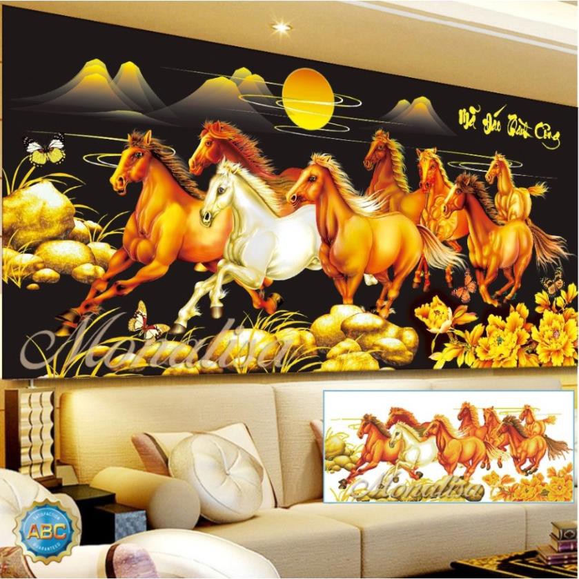 Tranh Đính Đá MÃ ĐÁO THÀNH CÔNG NỀN ĐEN (ĐÁ ABC CAO CẤP). Kích Thước: 1m x 50cm - 1m5 x 70cm ( TRANH LOẠI 1 )