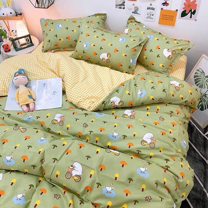 Bộ chăn ga gối drap giường chất cotton poly họa tiết đạp xe xanh