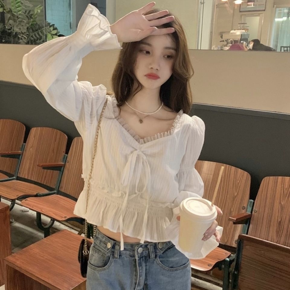 Áo Sơ Mi chiffon Xếp Ly Phối Ren Ngọt Ngào Thời Trang Hàn Quốc