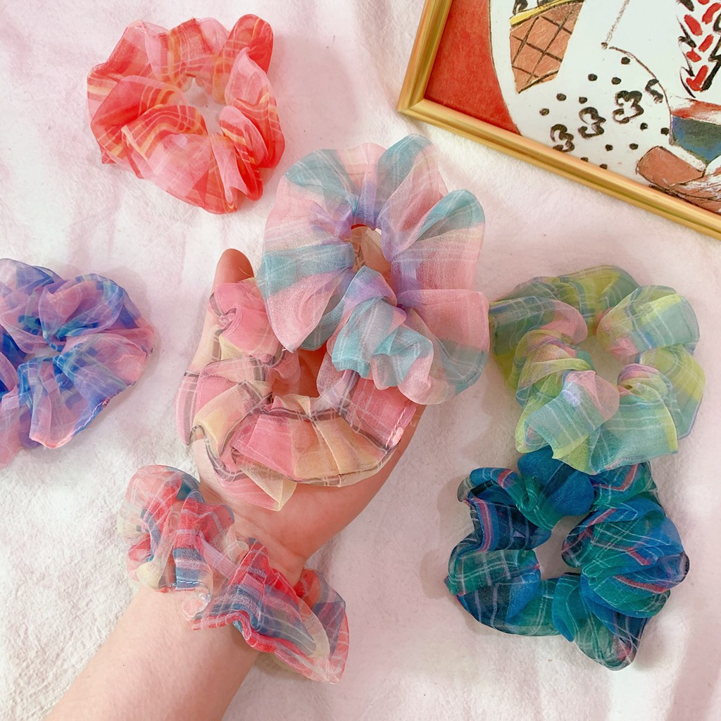 Scrunchies Cột Tóc Voan Tơ Caro Flannel Nhiều Màu Hot Trend