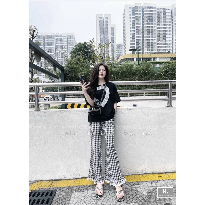 set bộ áo thun tim bèo ngực kèm quần carro k