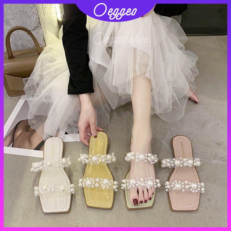 Dép Quai Ngang Trong Suốt Đính Ngọc Trai Giả Dễ Thương Cho Nữ