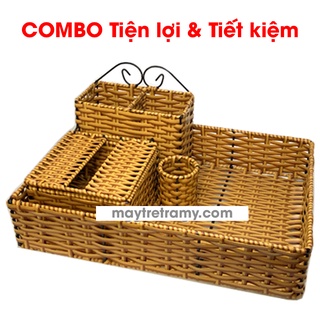 Bộ Khay Ống Đũa Khăn Giấy Ly Tăm Dùng Cho Bàn Quán Ăn Tiện Lợi - Mây Tre Trà My