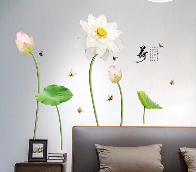 Decal dán tường hoa sen trắng 3 bông [Siêu rẻ] - Tranh dán tường hoa sen trắng 3 bông