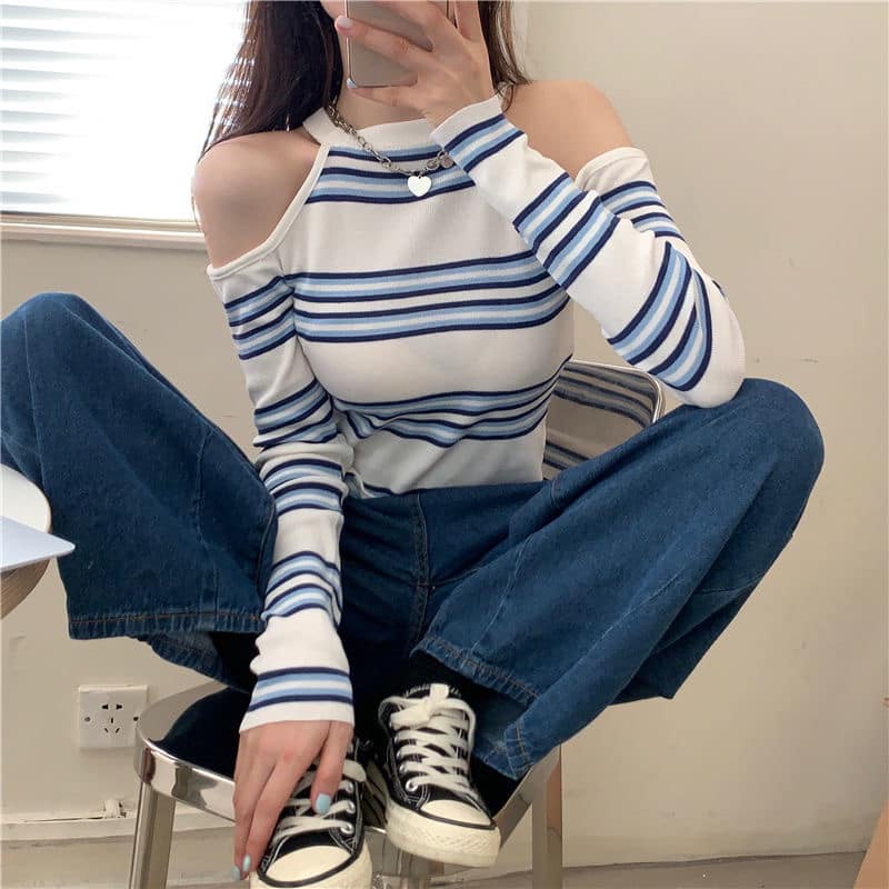Áo len nữ dai tay hở vai họa tiết kẻ màu sắc đẹp xinh thời trang cá tính mẫu mới đẹp cực xinh kute đẹp xuất sắc