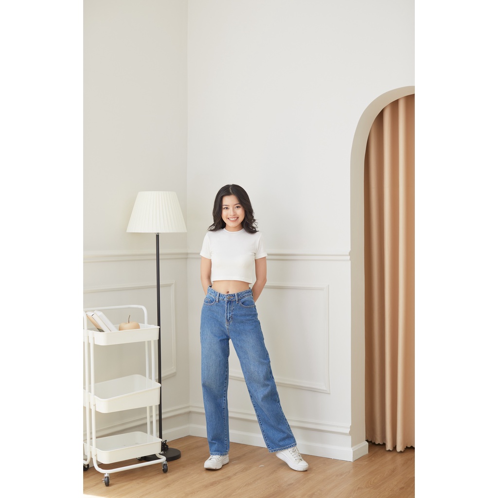 Quần Jeans Nữ Lưng Cao Ống Suông Rộng Màu Xanh Wash Đùi LDL-102B