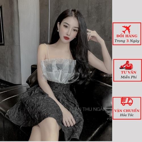 Váy 2 dây nữ ngọc gấm xốp phối ngực tơ viền bèo dáng xòe tiểu thư bánh bèo đi tiệc cưới ulzzang Hàn Quốc