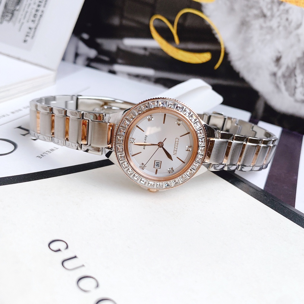 Đồng hồ nữ chính hãng Citizen FE1196-57A tông demi rose - Máy quartz pin năng lượng ánh sáng - Kính cường lực